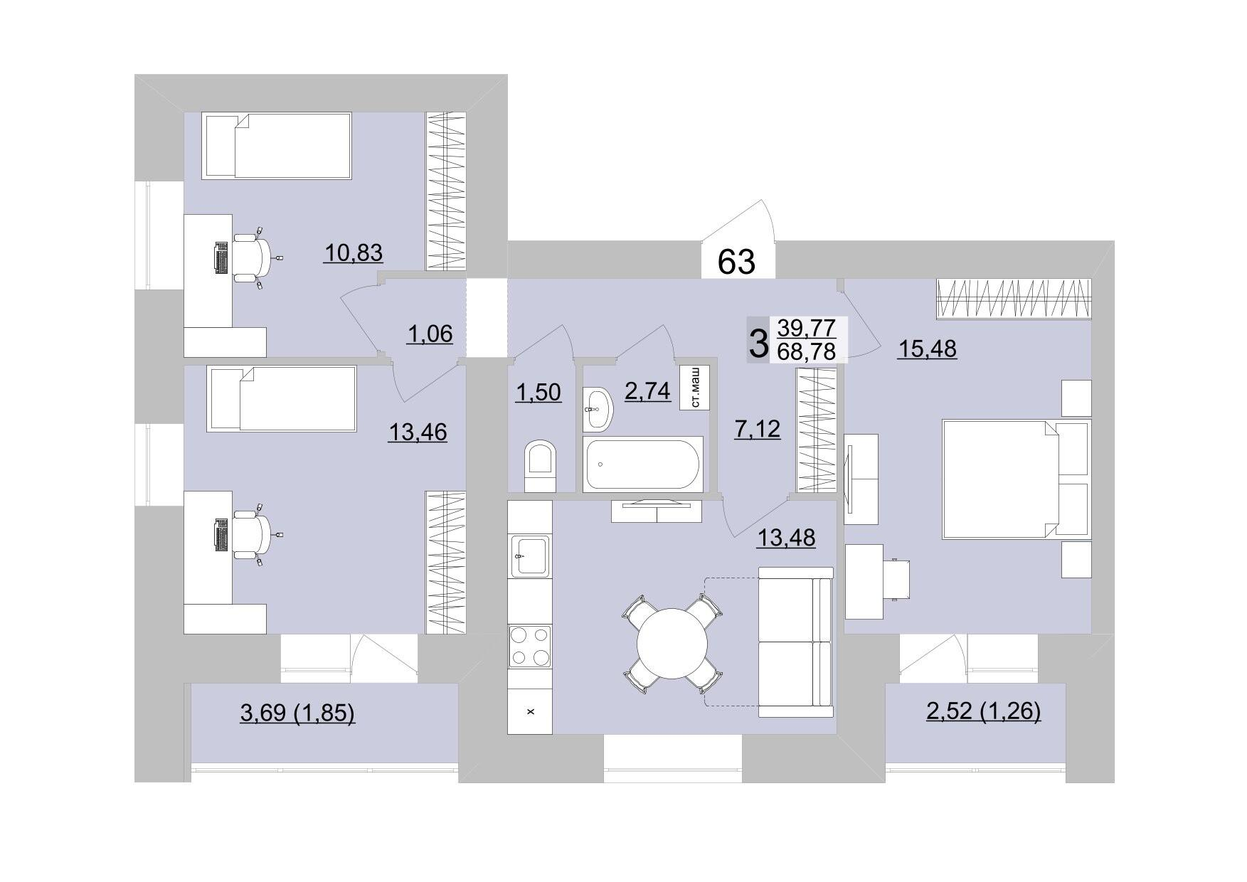 3-комнатная 71 м2 в ЖК Философия Идеалистов на Театральной корпус null этаж 11