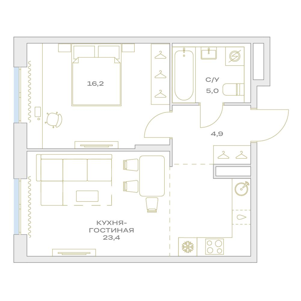 2-комнатная 49 м2 в ЖК Детали корпус null этаж 15