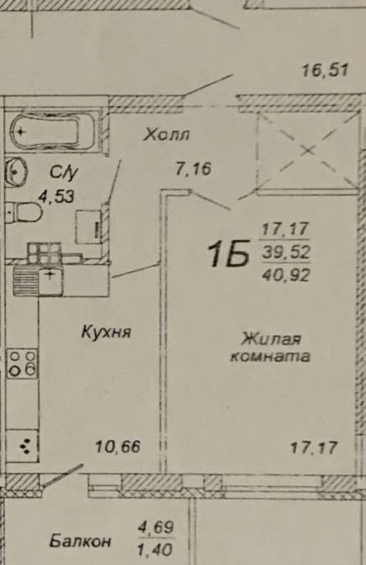 1-комнатная 41 м2 в ЖК undefined корпус null этаж 6