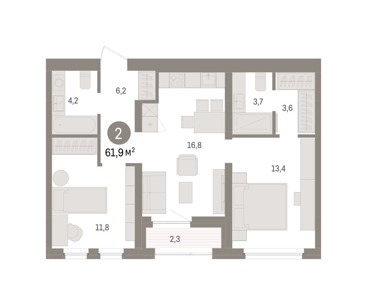 2-комнатная 61 м2 в ЖК Зарека корпус null этаж 5