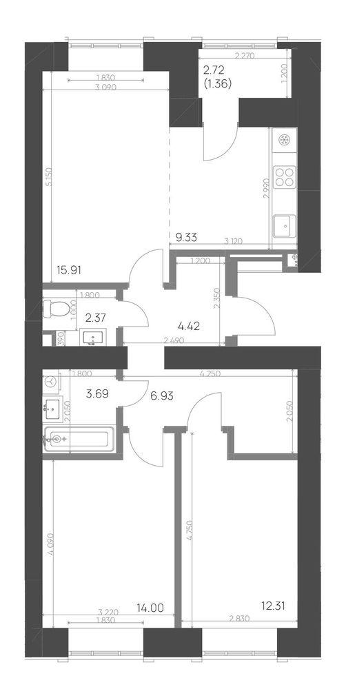 3-комнатная 70 м2 в ЖК Калина корпус null этаж 8