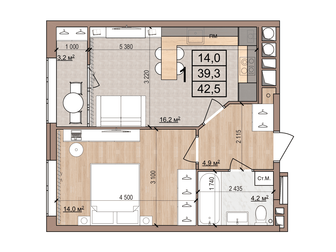 1-комнатная 42 м2 в ЖК Skyline-2 корпус null этаж 12