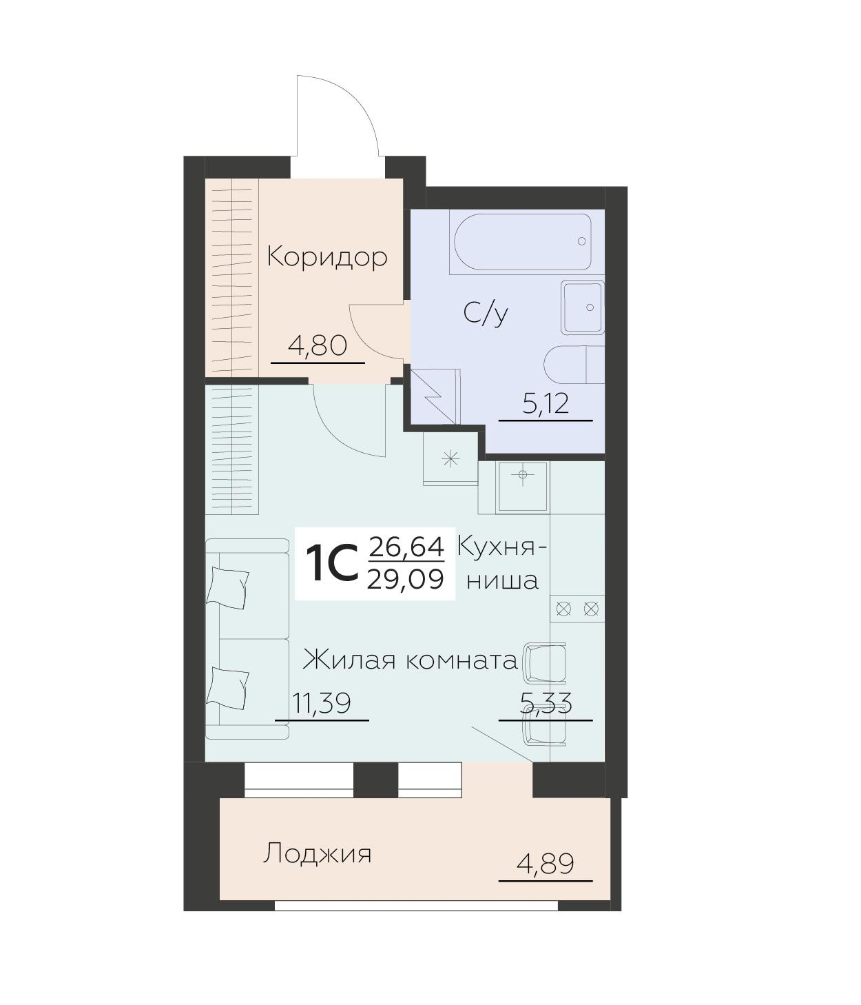 1-комнатная 29 м2 в ЖК Заря корпус null этаж 2