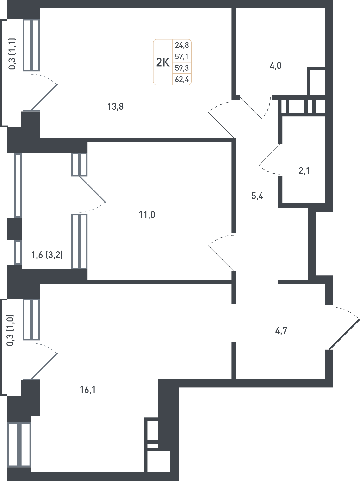2-комнатная 61 м2 в ЖК Новая Щербинка корпус null этаж 8