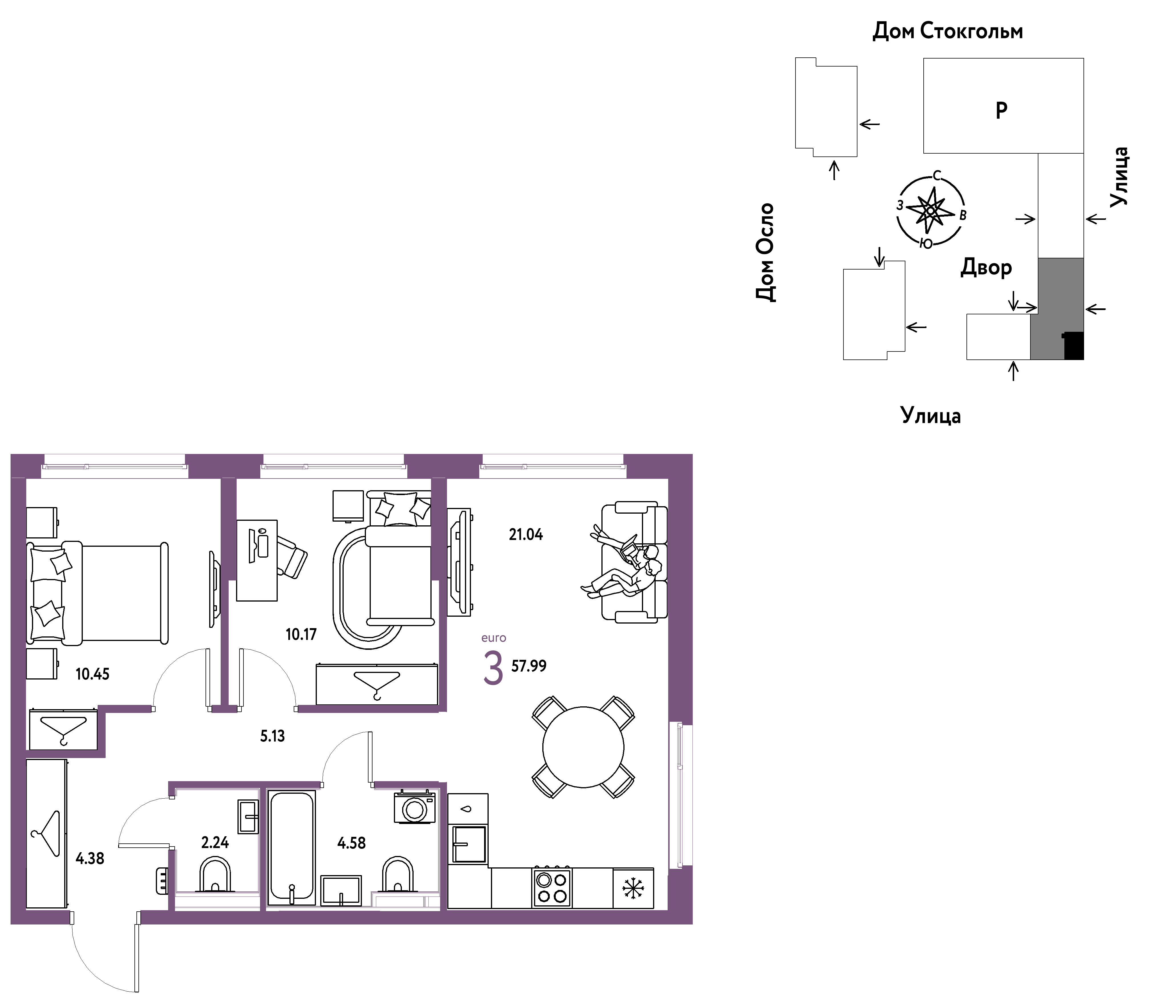 3-комнатная 57 м2 в ЖК Европейский берег 2.0 корпус null этаж 10