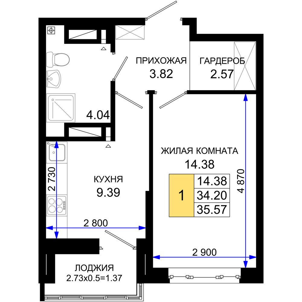 1-комнатная 35 м2 в ЖК Октябрь парк корпус null этаж 7
