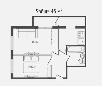 2-комнатная 45 м2 в ЖК undefined корпус null этаж 6