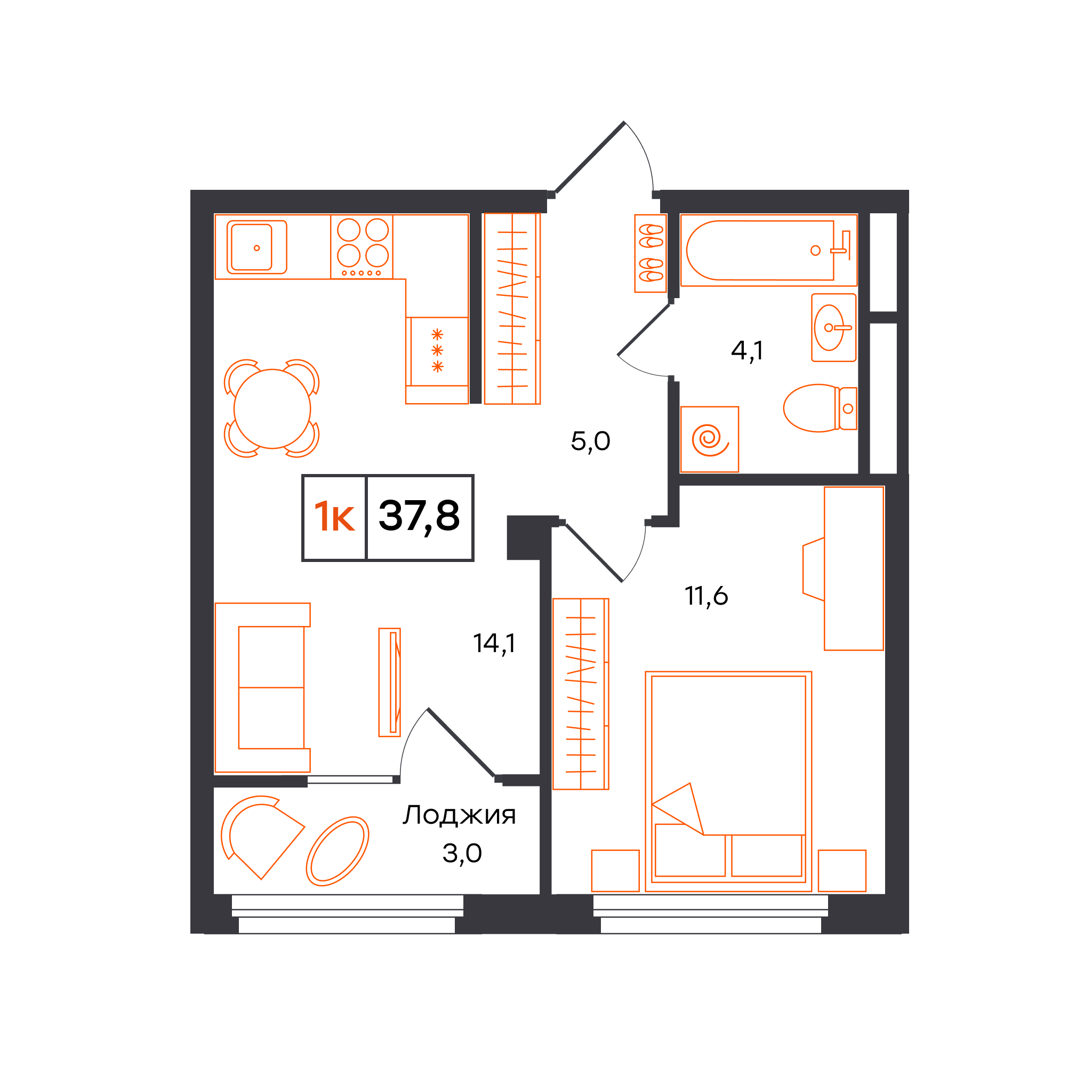1-комнатная 37 м2 в ЖК Отличие корпус null этаж 6