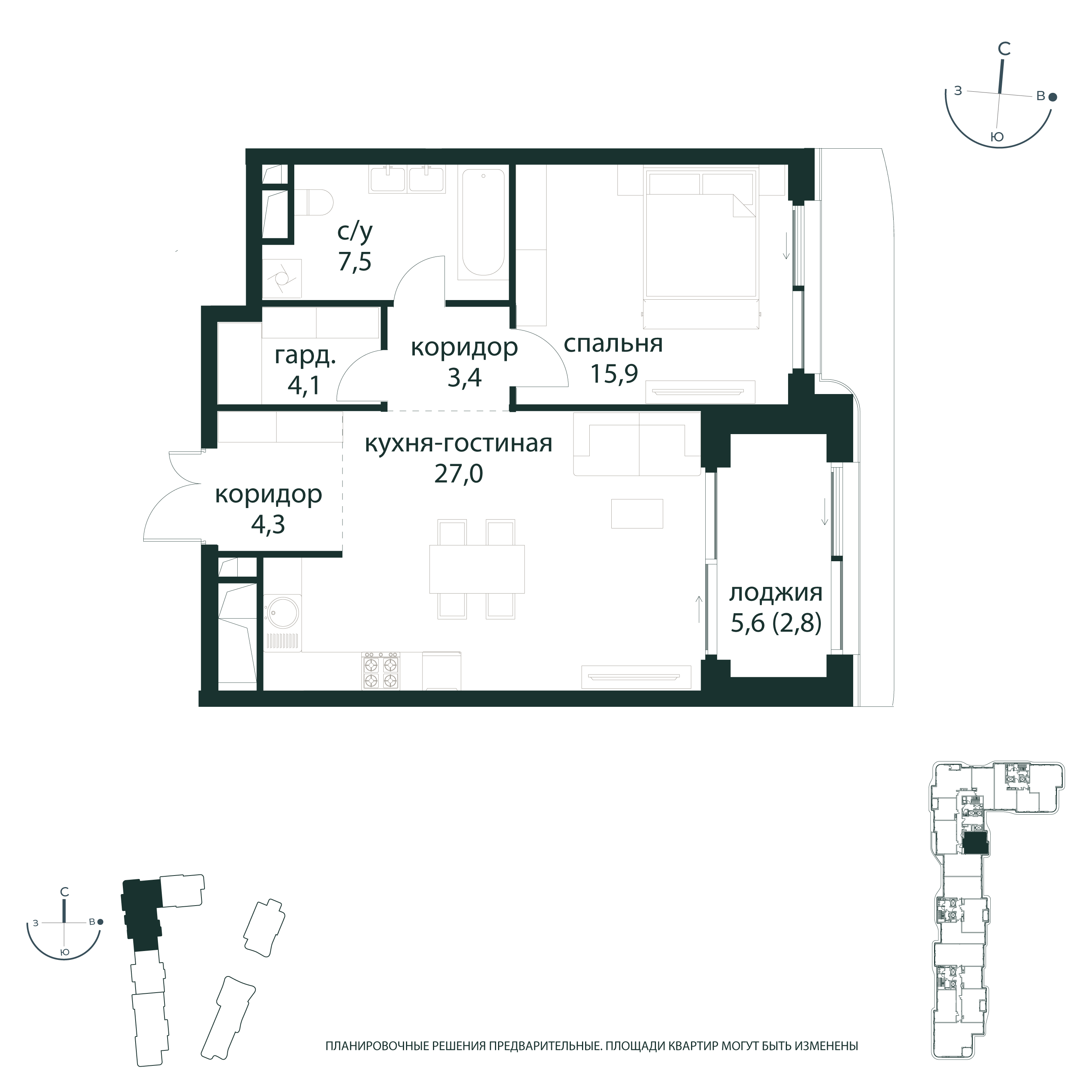 1-комнатная 65 м2 в ЖК Река корпус null этаж 3