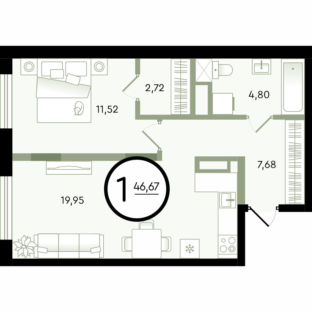 1-комнатная 46 м2 в ЖК Зеленые Аллеи корпус null этаж 1