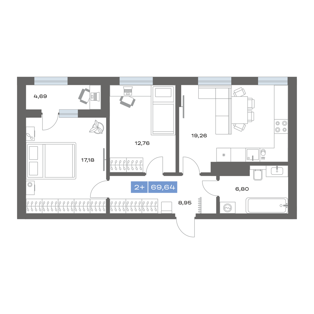 2-комнатная 69 м2 в ЖК Пятнашка корпус null этаж 4