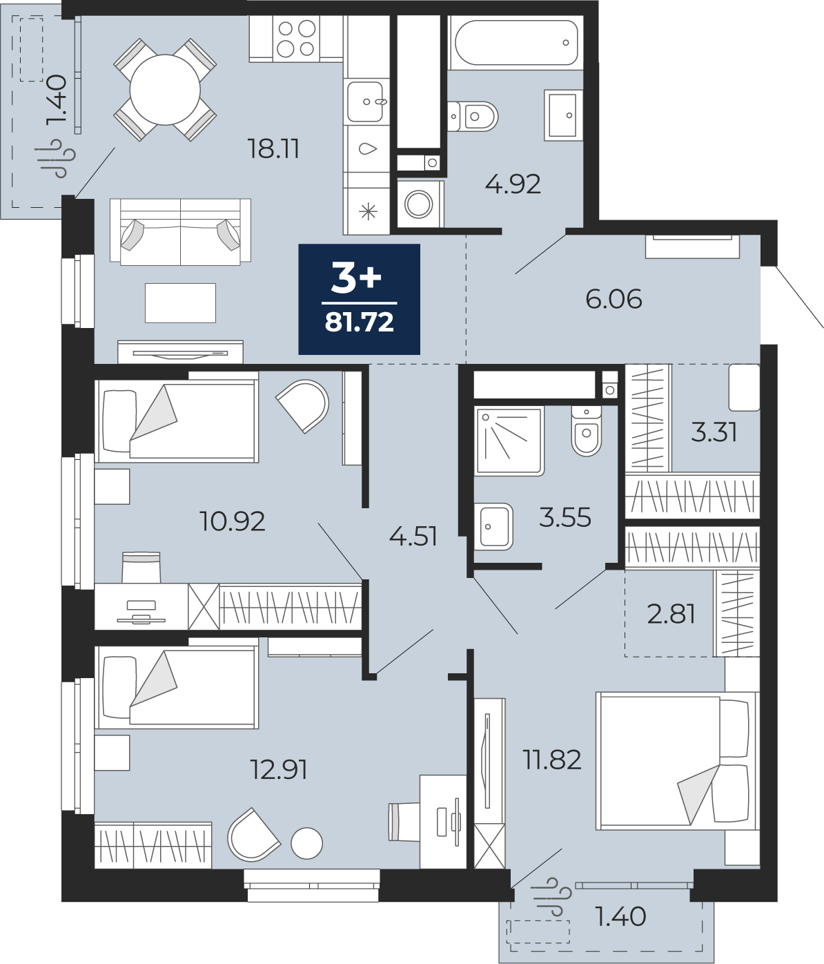 3-комнатная 78 м2 в ЖК Мириады корпус null этаж 12