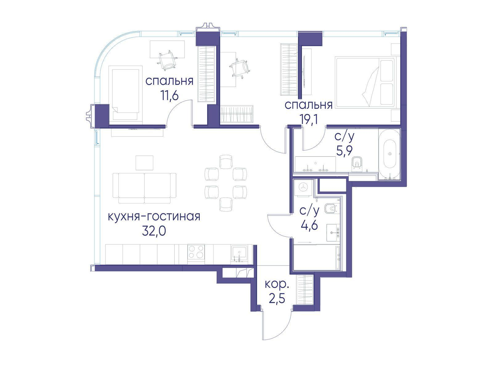 2-комнатная 75 м2 в ЖК Остров корпус null этаж 3