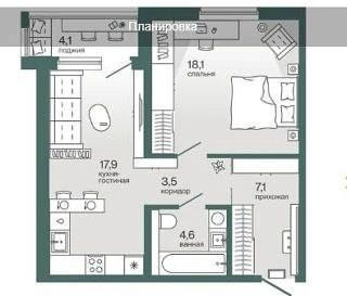 1-комнатная 52 м2 в ЖК undefined корпус null этаж 1