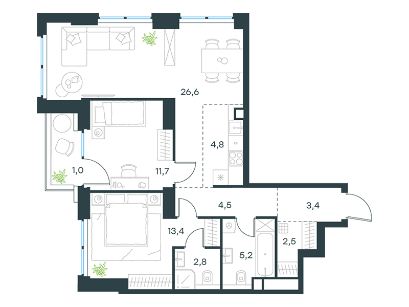 3-комнатная 75 м2 в ЖК Level Звенигородская корпус null этаж 15