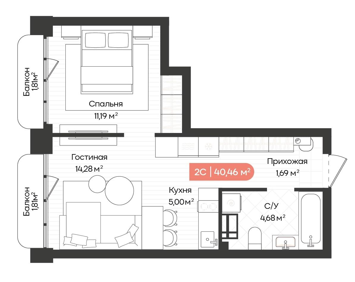 2-комнатная 40 м2 в ЖК Balance корпус null этаж 11