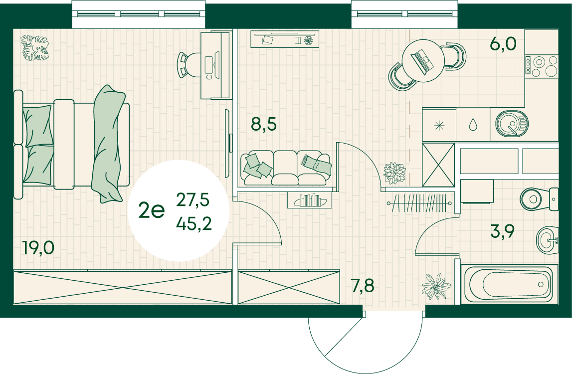 2-комнатная 45 м2 в ЖК Green Apple корпус null этаж 8