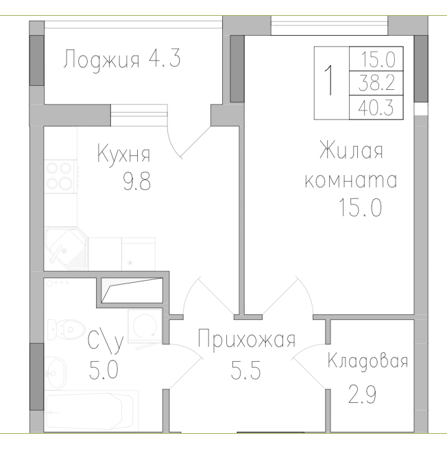 1-комнатная 40.3 м2 в ЖК undefined корпус null этаж 4