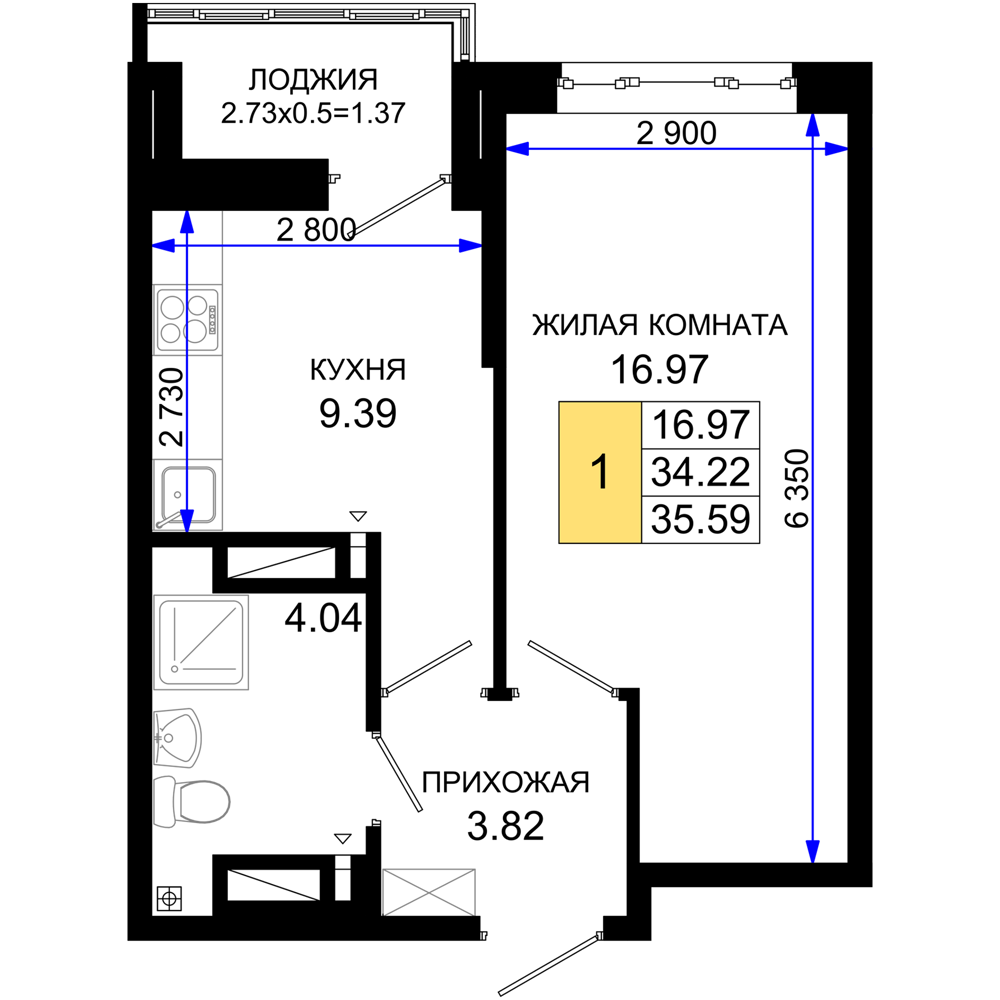 1-комнатная 35 м2 в ЖК Октябрь парк корпус null этаж 11
