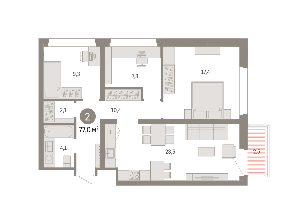 2-комнатная 76 м2 в ЖК Квартал Нефть корпус null этаж 6