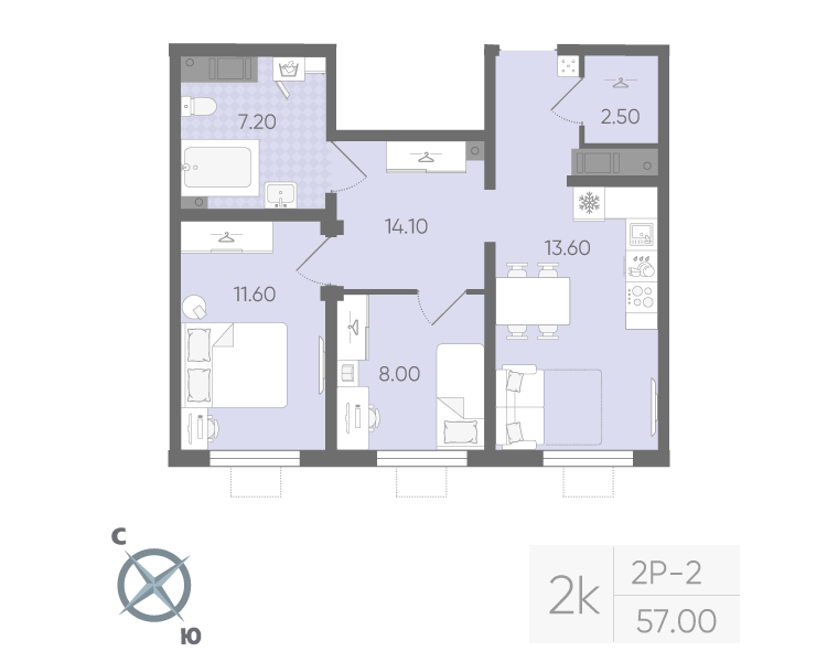 2-комнатная 57 м2 в ЖК Ручьи (2 оч.) корпус null этаж 3