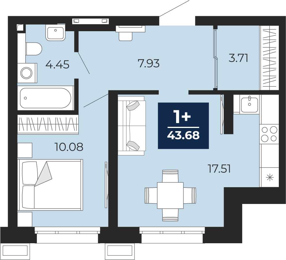 1-комнатная 43 м2 в ЖК Беринг корпус null этаж 1