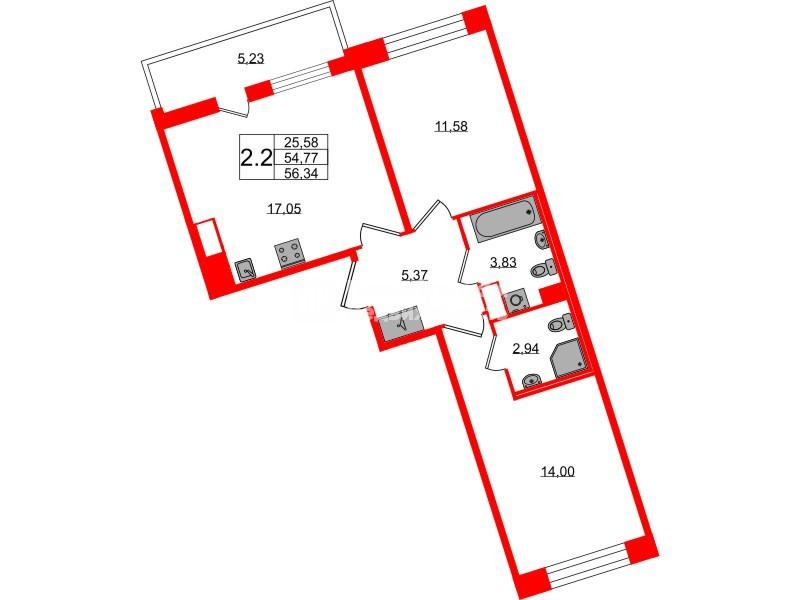 2-комнатная 54 м2 в ЖК Астра Континенталь корпус null этаж 3