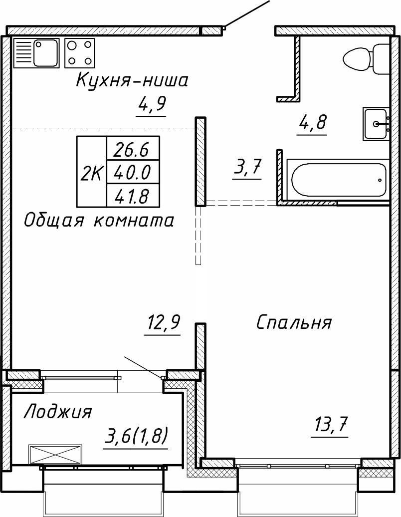 2-комнатная 41 м2 в ЖК Гренландия корпус null этаж 5