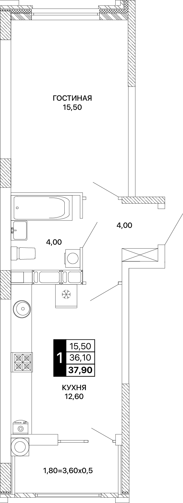 1-комнатная 37 м2 в ЖК Сияние корпус null этаж 3