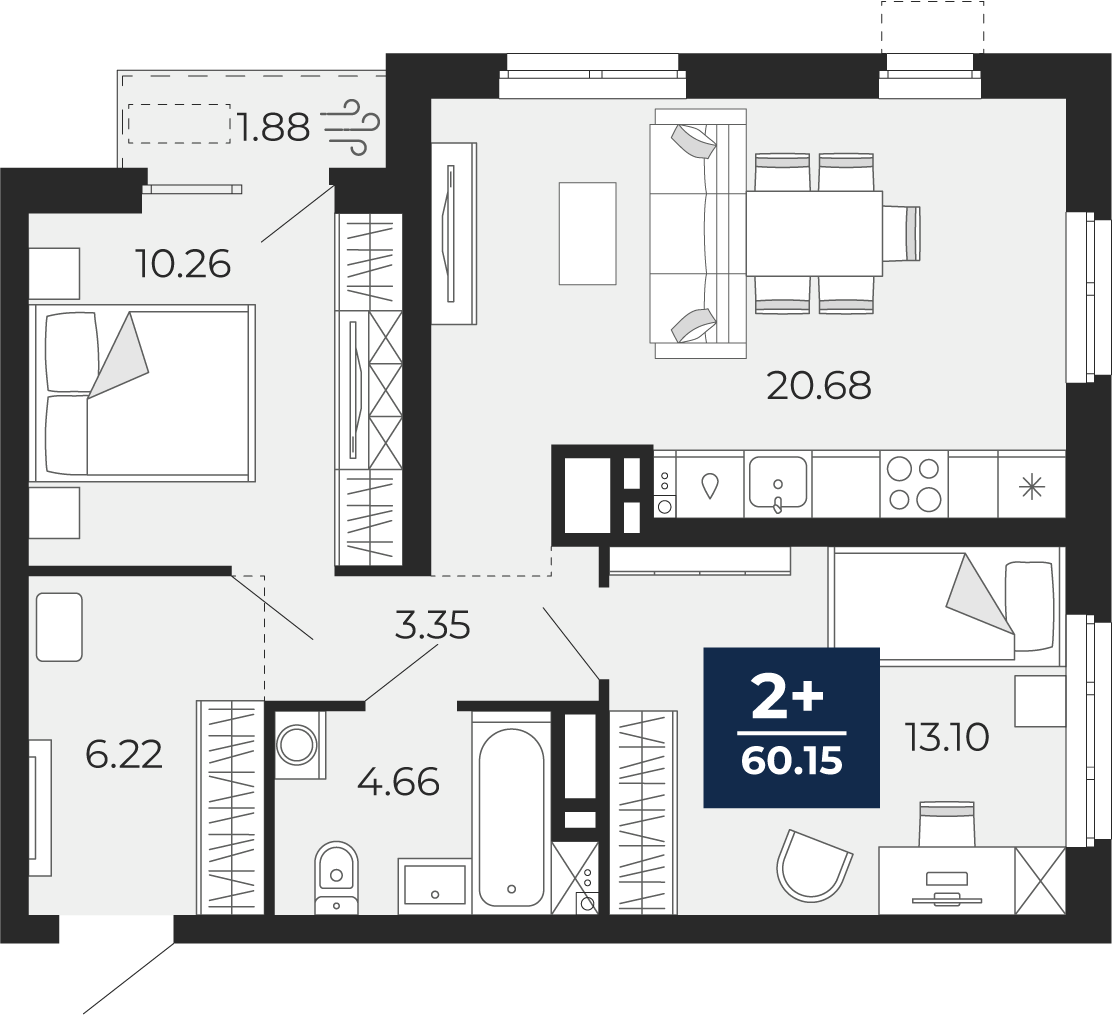2-комнатная 58 м2 в ЖК Мириады корпус null этаж 18