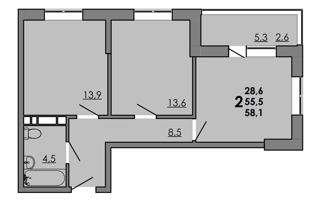 2-комнатная 57 м2 в ЖК GraY 2 корпус null этаж 7