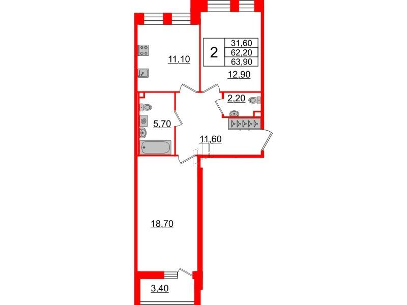 2-комнатная 62 м2 в ЖК Svetlana Park корпус null этаж 2