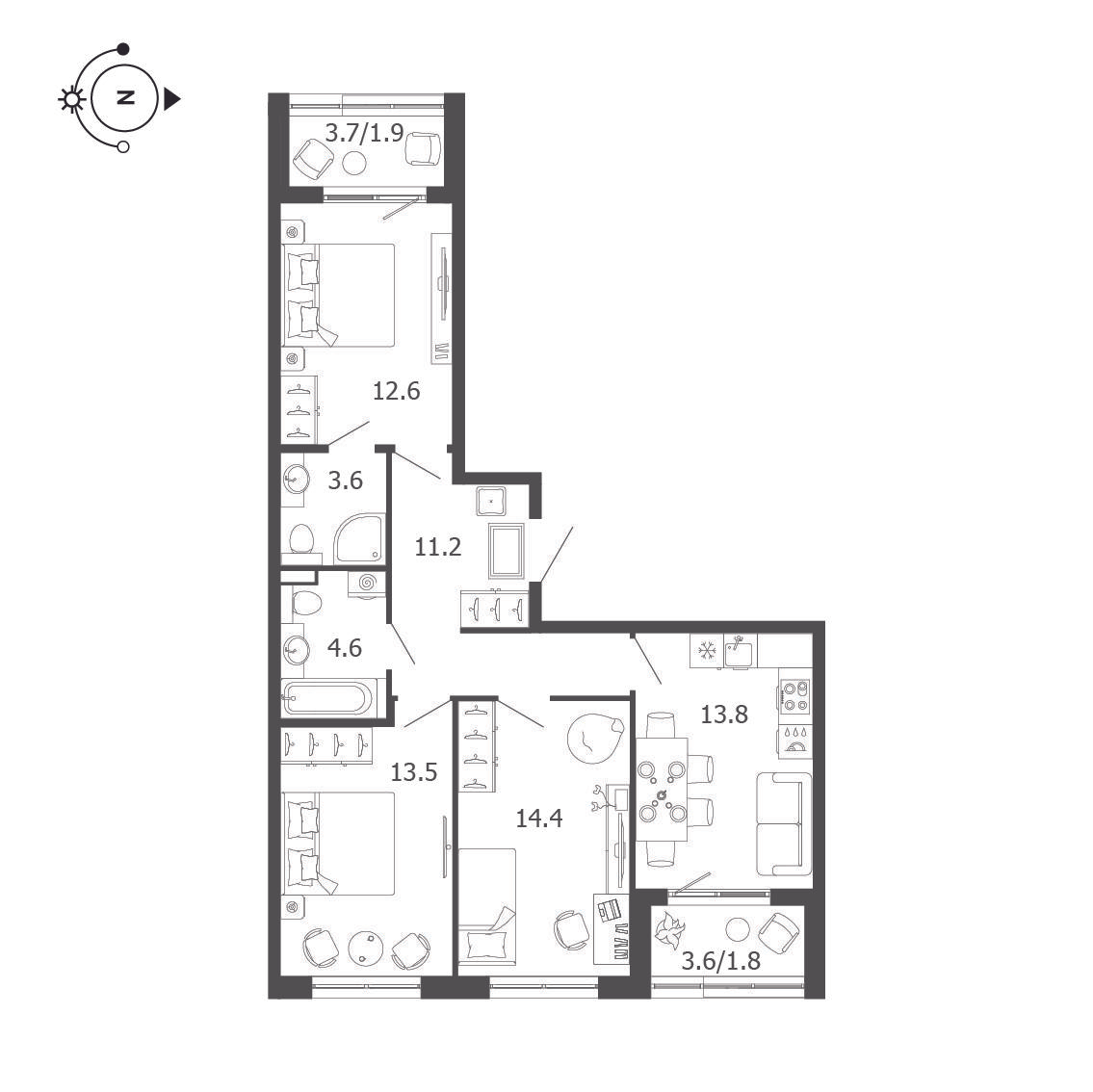 3-комнатная 76 м2 в ЖК Пулковский дом корпус null этаж 1
