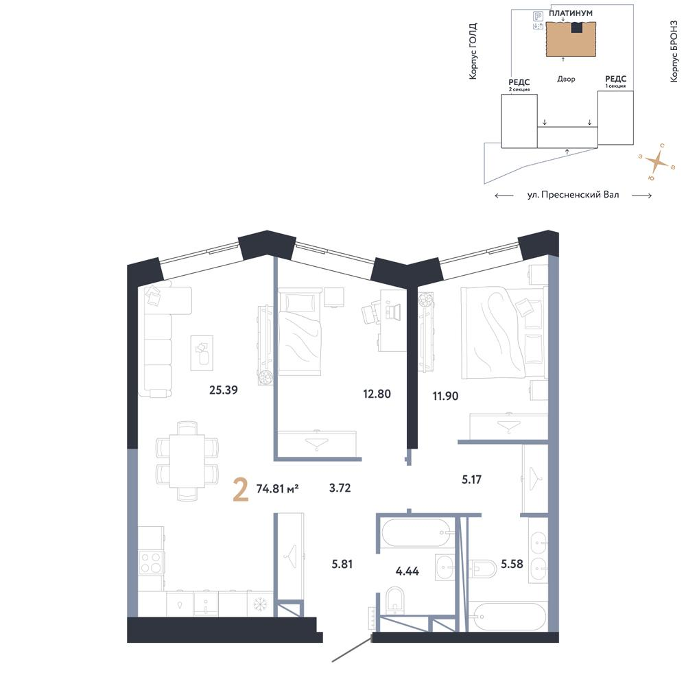 2-комнатная 74 м2 в ЖК Republic корпус null этаж 5