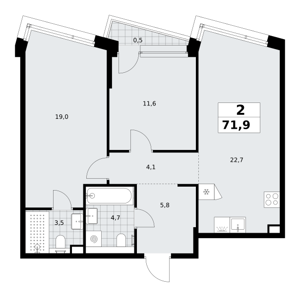 2-комнатная 71 м2 в ЖК Хольм корпус null этаж 2