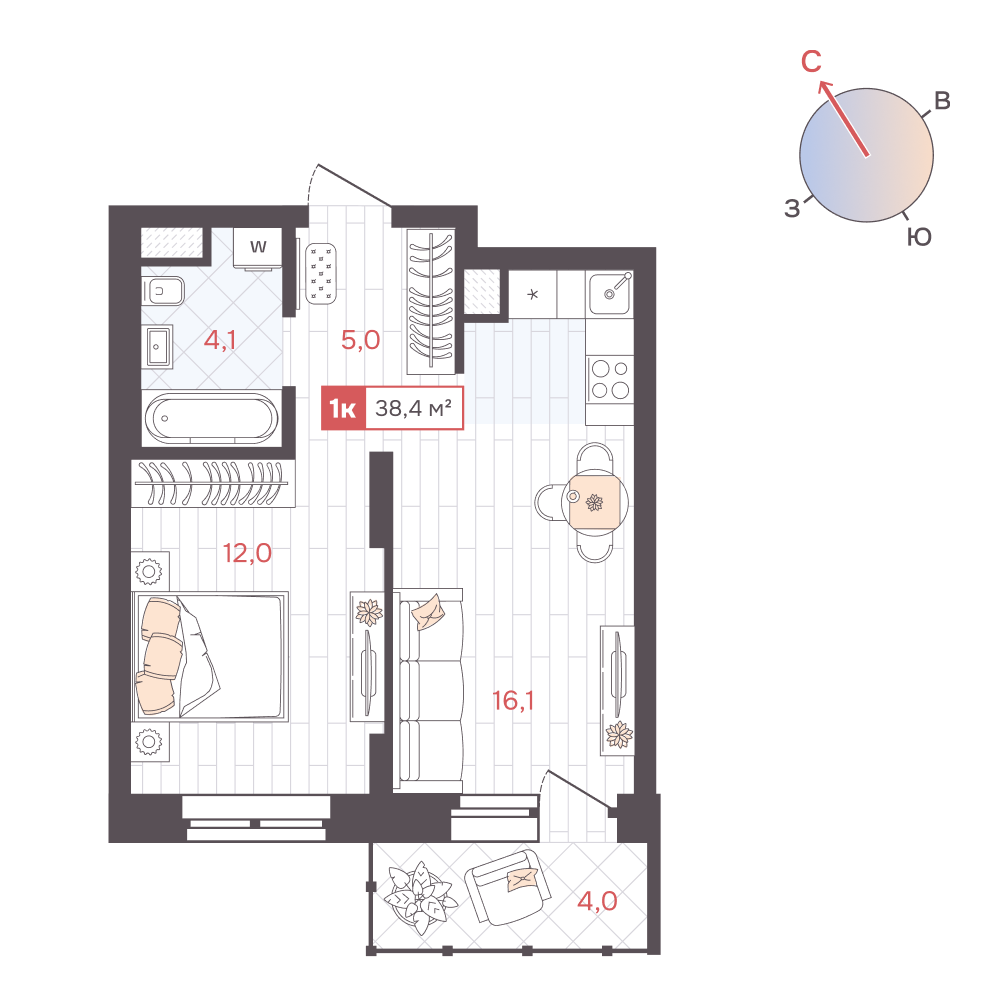 1-комнатная 38 м2 в ЖК ДА корпус null этаж 10