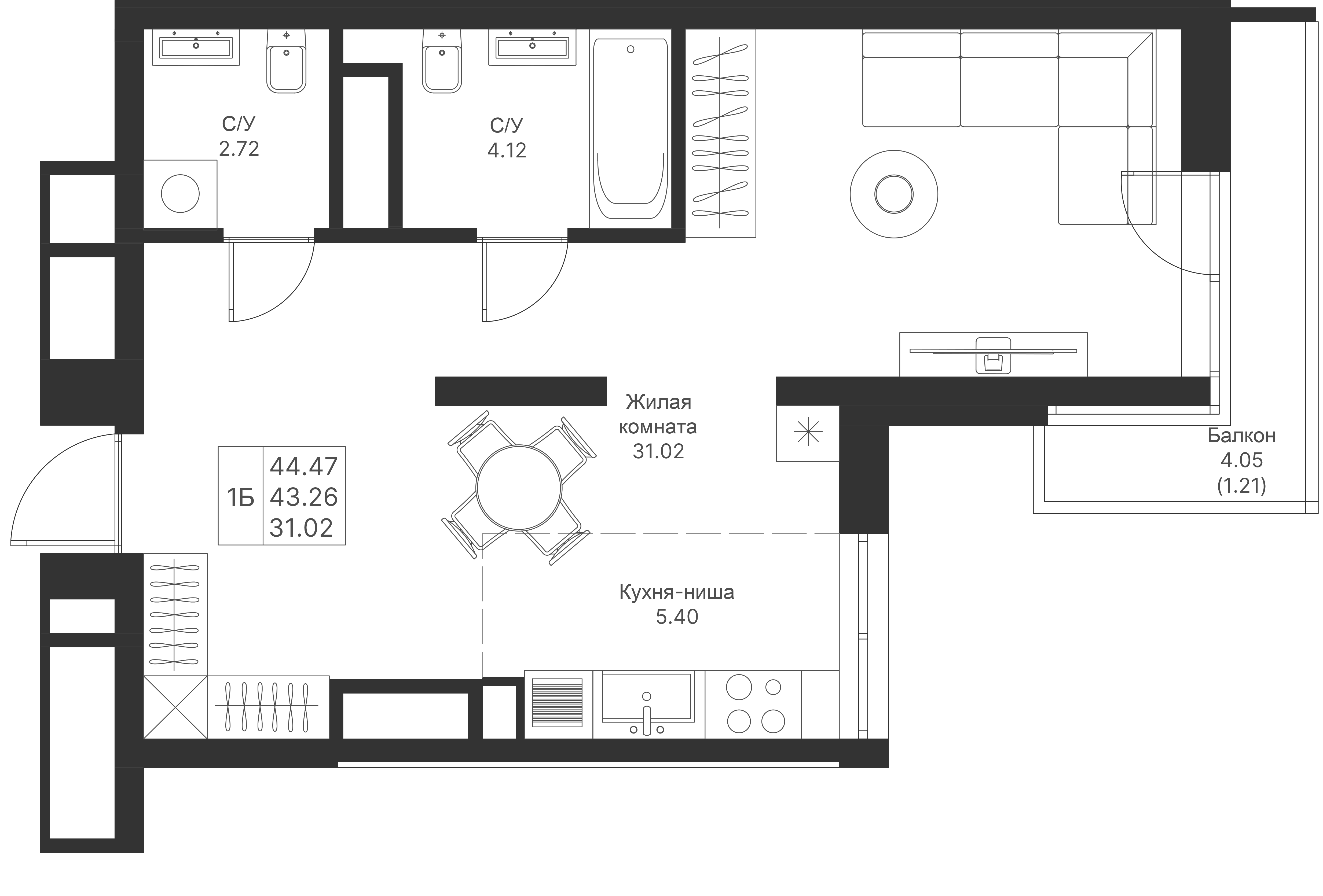 Студия 44 м2 в ЖК Мой Ритм корпус null этаж 15