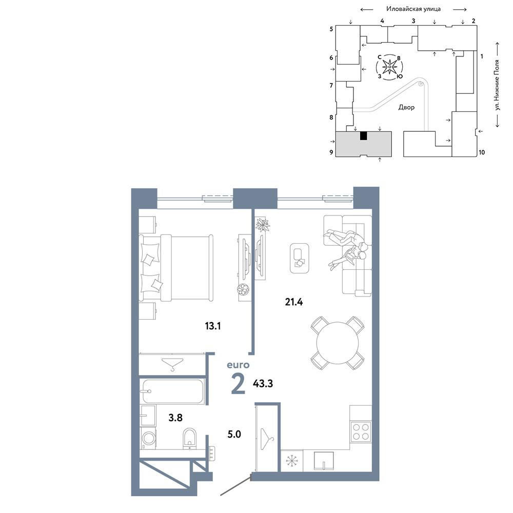 2-комнатная 43 м2 в ЖК Страна.Заречная корпус null этаж 31