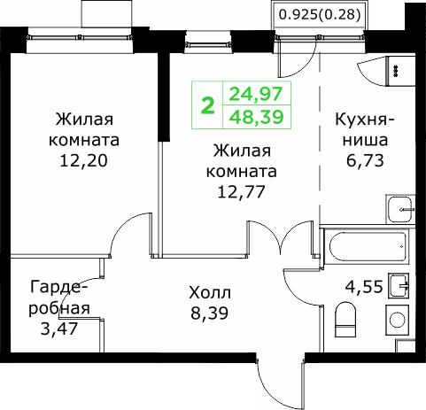 2-комнатная 48 м2 в ЖК Кит корпус null этаж 15