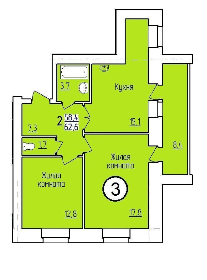 2-комнатная 62.8 м2 в ЖК undefined корпус null этаж 4