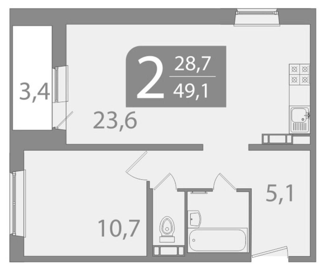 2-комнатная 49.1 м2 в ЖК undefined корпус null этаж 8