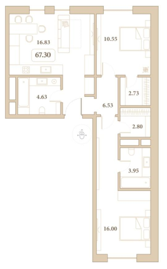 2-комнатная 67.3 м2 в ЖК undefined корпус null этаж 5