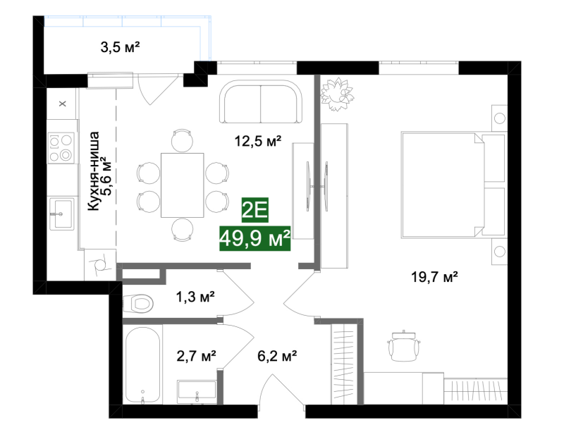 2-комнатная 49.9 м2 в ЖК undefined корпус null этаж 10