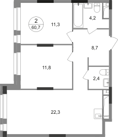 2-комнатная 60 м2 в ЖК Первый Московский корпус null этаж 7