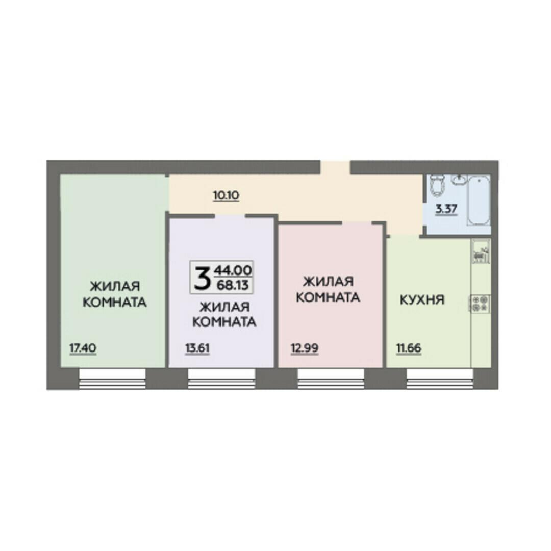 3-комнатная 68 м2 в ЖК  корпус null этаж 5