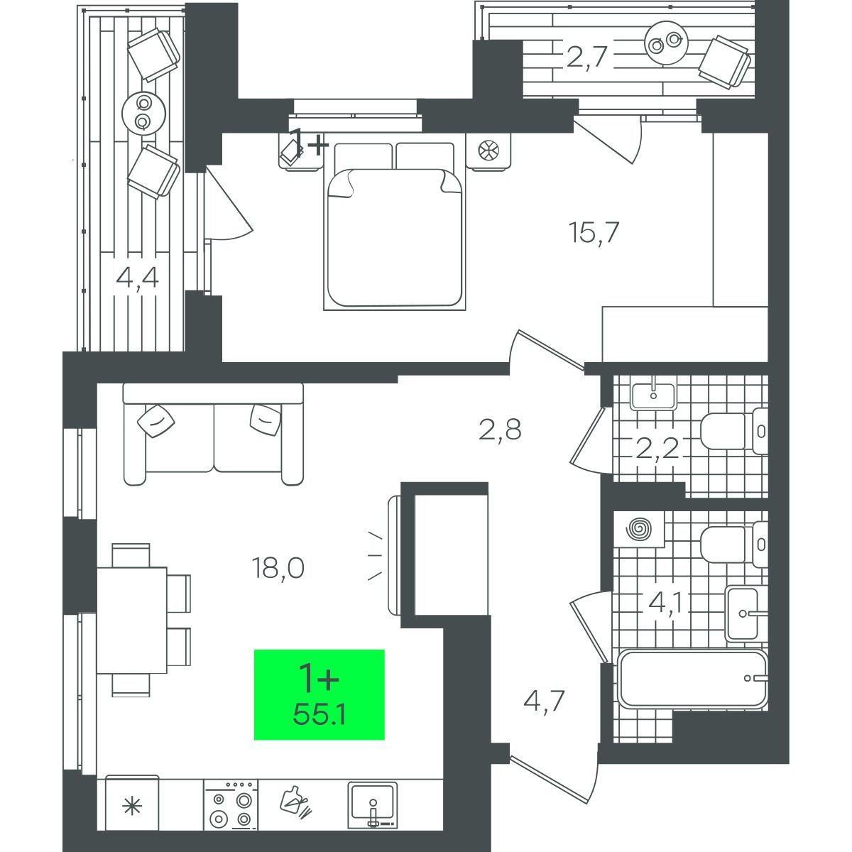 1-комнатная 55 м2 в ЖК Гранд Квартал корпус null этаж 7