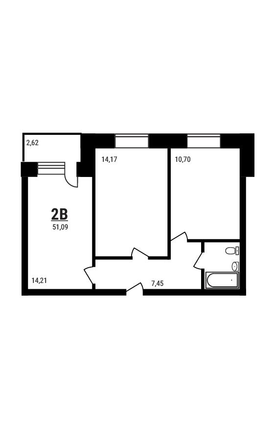 2-комнатная 51 м2 в ЖК Дружный корпус null этаж 4