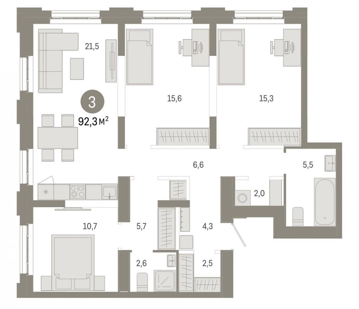 3-комнатная 92.3 м2 в ЖК undefined корпус null этаж 2