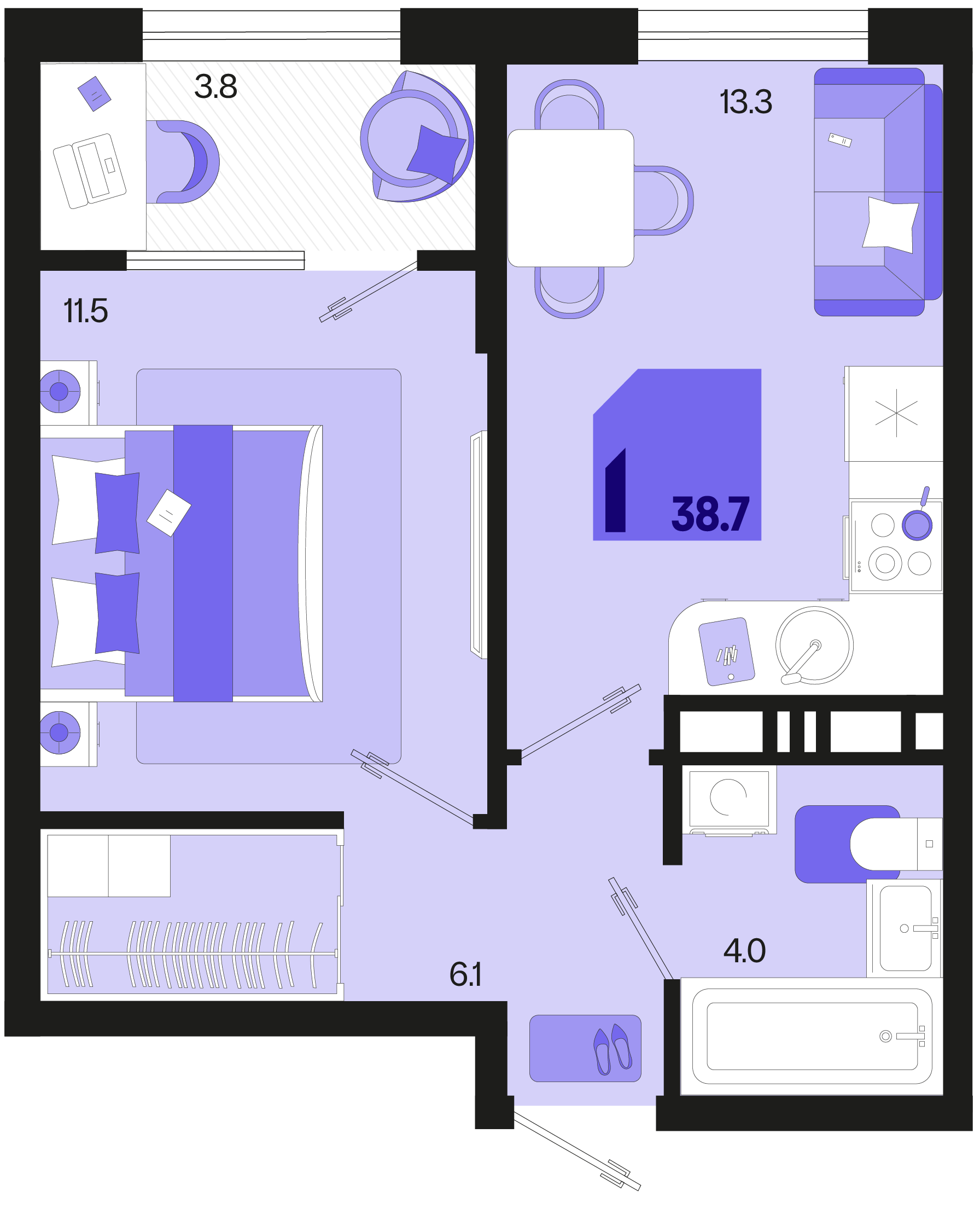 1-комнатная 38 м2 в ЖК Первое место корпус null этаж 10