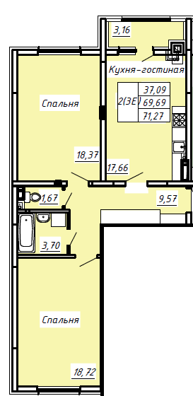2-комнатная 71.2 м2 в ЖК undefined корпус null этаж 6